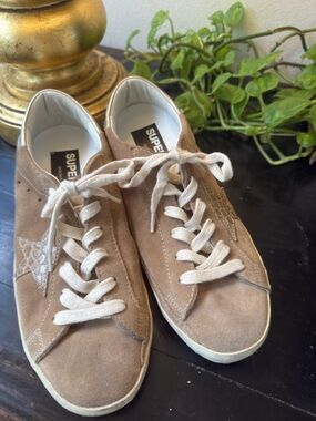Golden Goose Tan Suede and Metallic Gold Low-Top Sneakers